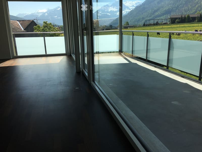 Modern balcony with dark wooden flooring, large glass windows, and a metal railing overlooking a scenic mountain landscape.
