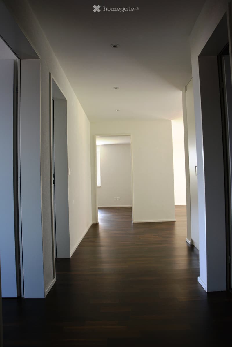 A modern hallway with wooden flooring, white walls, and recessed ceiling lighting. The corridor features several open doorways leading to other rooms.