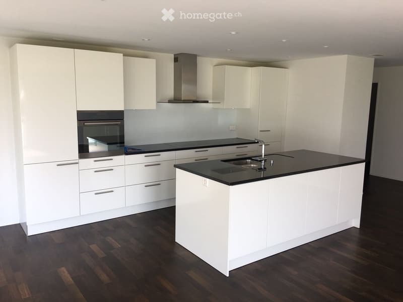 modern kitchen with white cabinets, black countertops, integrated oven and dishwasher, stainless steel faucet, wooden floor