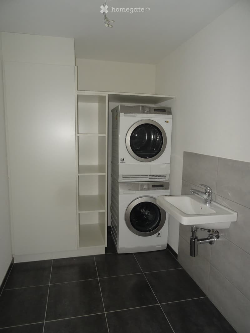 Modern bathroom with black tiled floor, white cabinet, washing machine, and sink with faucet.