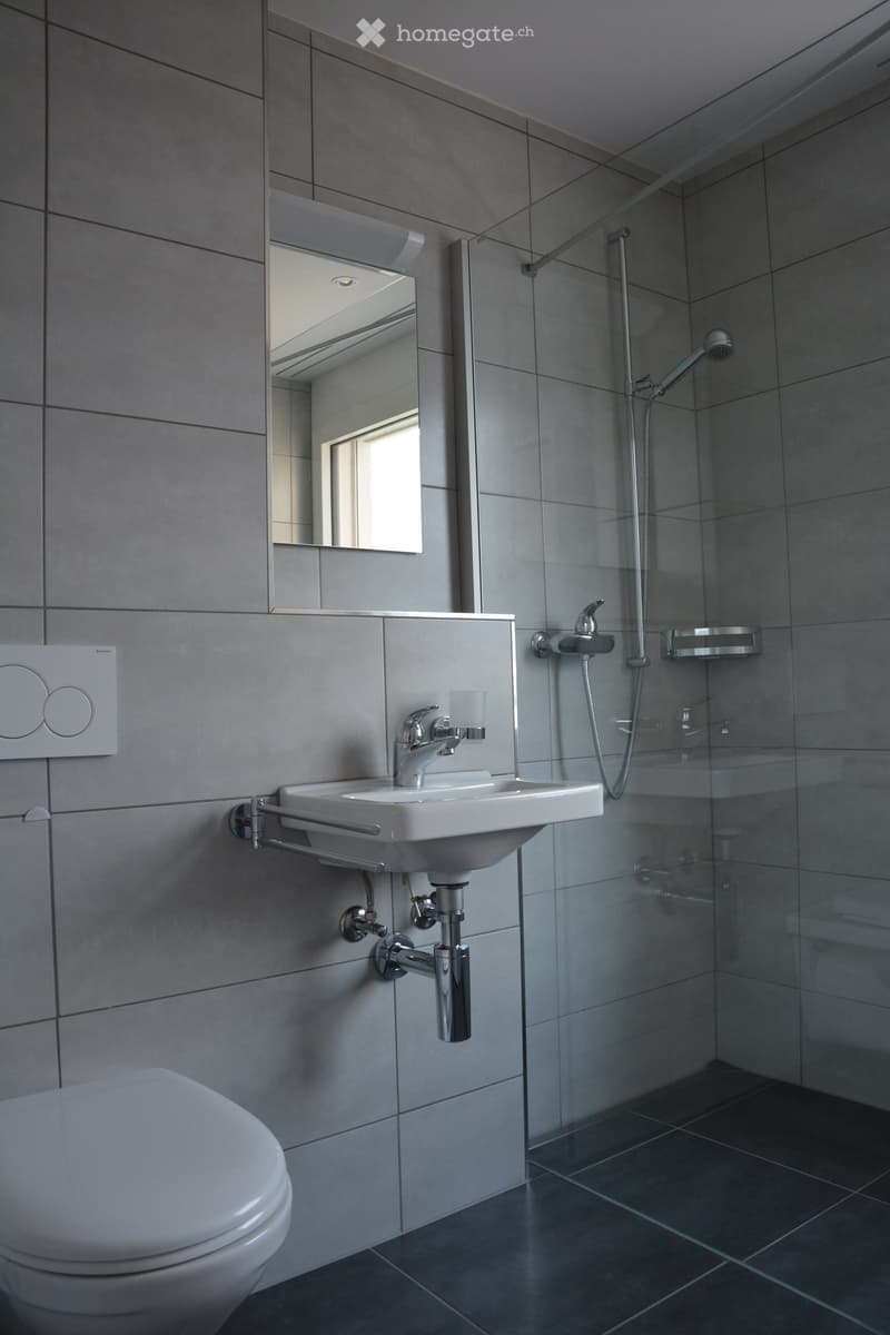 Modern gray tile walls, white sink with faucet, glass shower enclosure, silver shower head