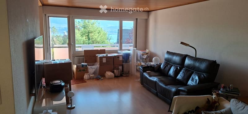 Living room with large windows offering a scenic view, a black leather sofa, a small table, and a screen. The room is partially packed with boxes and items.