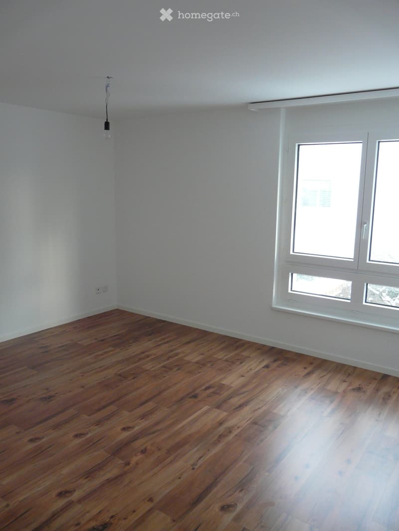 Empty room with wooden flooring and white walls, featuring large windows and a single light fixture.