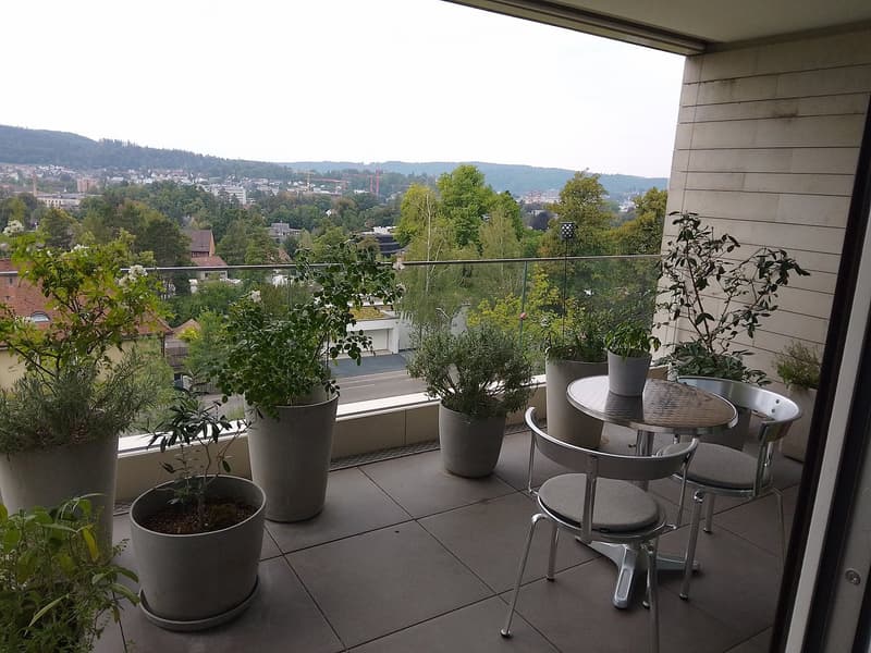 Balcony with a round table and chairs, surrounded by large potted plants, overlooking a cityscape with trees and buildings.