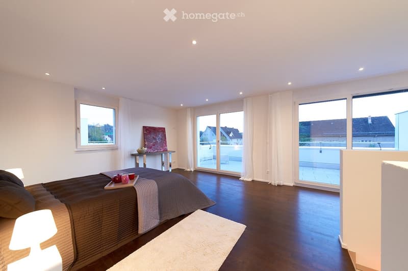 master bedroom with a bed, carpet, tray with cups, side table, large windows, balcony