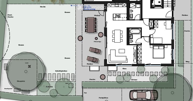 Floor plan of a restaurant with dining area, kitchen, bar, and outdoor seating area.