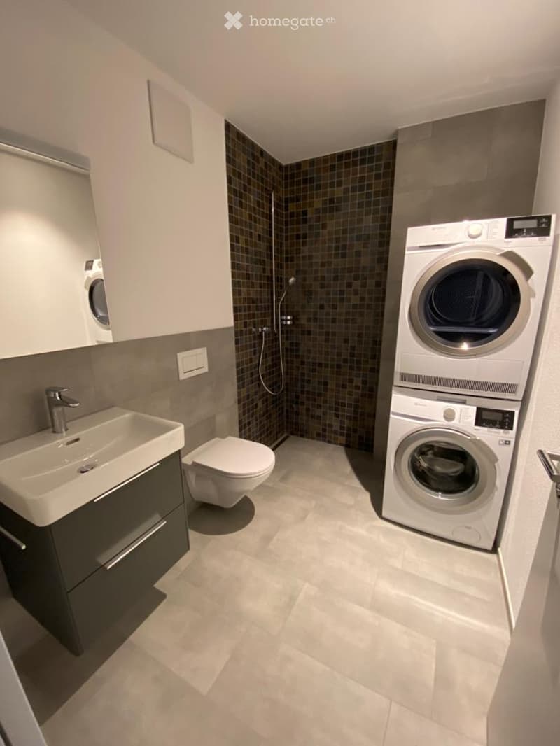 Modern bathroom with a sink, toilet, shower, and stacked washing machine and dryer. Light-colored tiles and a sleek design.