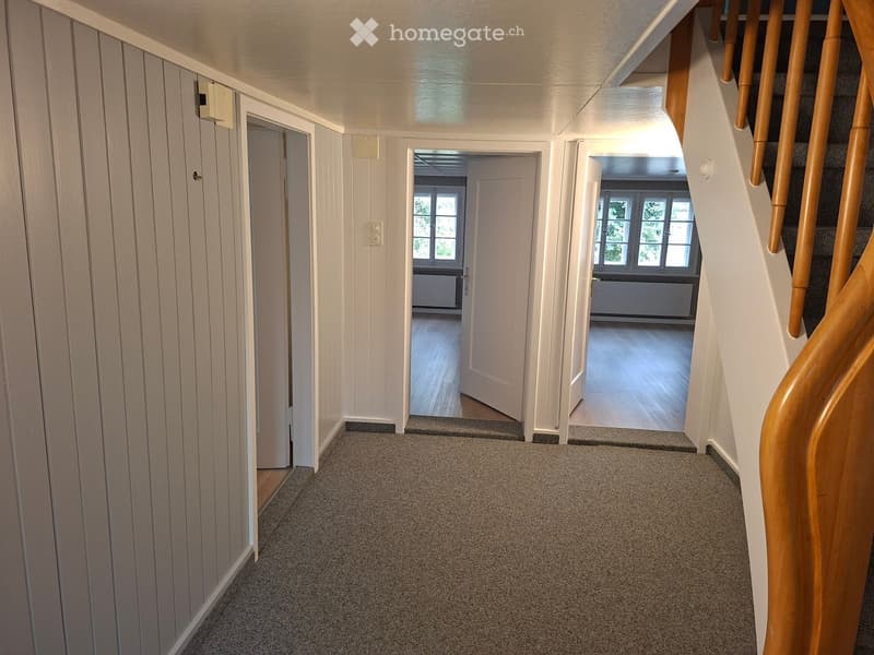 Carpeted hallway with white paneled walls, wooden staircase with handrails, and open doors leading to rooms with wooden flooring and large windows.