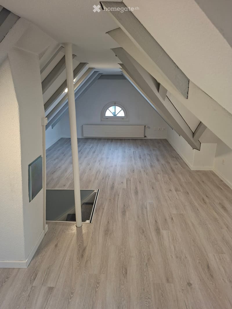 Empty attic space with wooden flooring, white walls, and a skylight window at the far end.