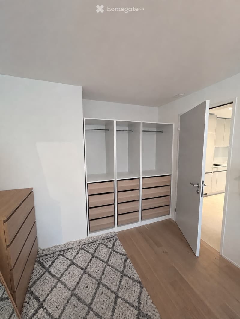 Empty room with light-colored walls, wooden flooring, and a large built-in wardrobe with multiple drawers and shelves. A patterned rug is placed on the floor, and an open door leads to another room.