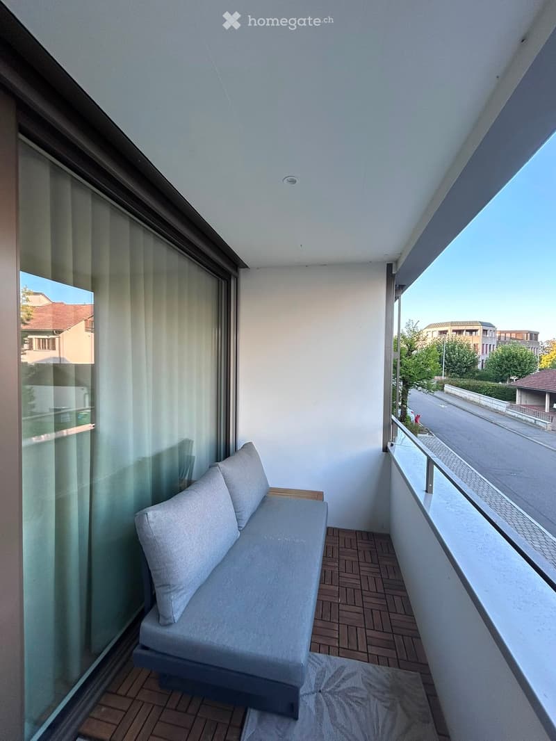 Balcony with a grey sofa, two pillows, and a small rug, overlooking a street with buildings and trees.