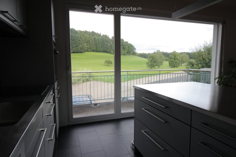 Modern kitchen with dark cabinets, a central island, and large windows offering a scenic view of a green field and trees.