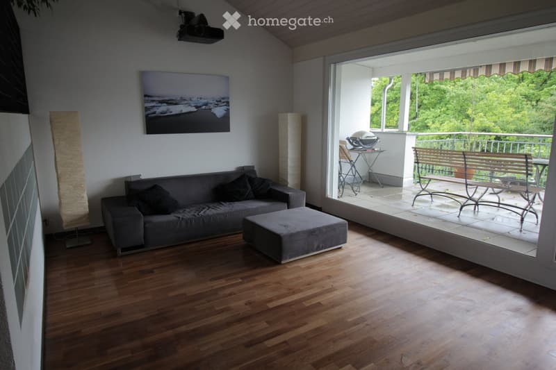 Modern living room with wooden flooring, grey sofa, ottoman, floor lamp, and a large picture frame on the wall. The room opens to a balcony with outdoor furniture, including a bench, table, and grill.