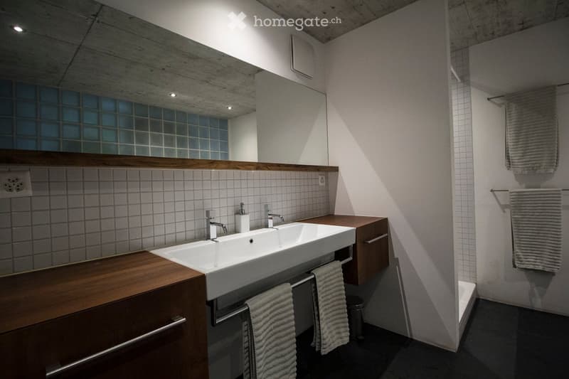Modern bathroom with a white sink, wooden cabinet, large mirror, and neatly arranged towels.