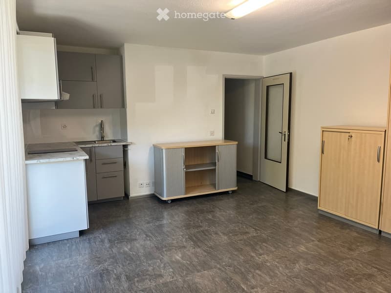 Modern kitchen with grey cabinets, white countertops, and a wooden floor. Features a sink, faucet, and a small cart with shelves.