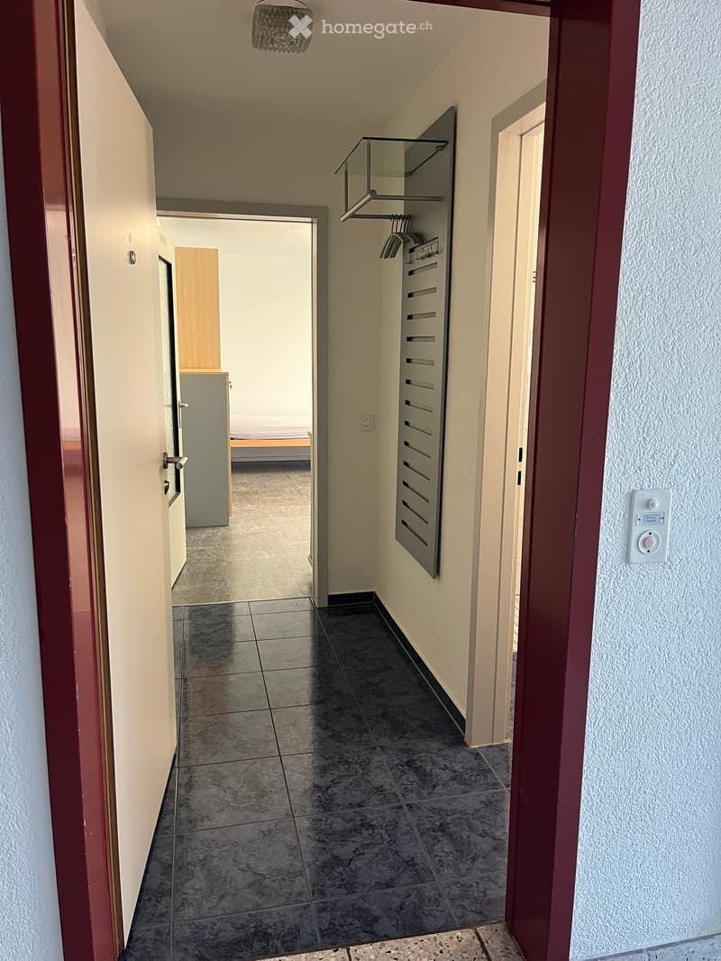 Empty hallway with tiled floor, white walls, and several doors leading to other rooms. A coat rack with hangers is visible on one wall.