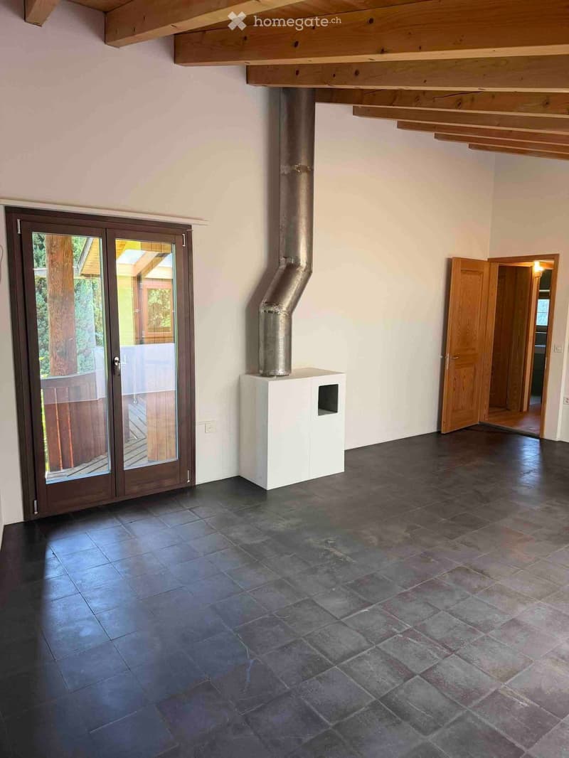 Empty room with dark tiled floor, white walls, exposed wooden ceiling beams, and a white utility box with a small opening. Features a large sliding glass door leading outside and an open wooden door to another room.