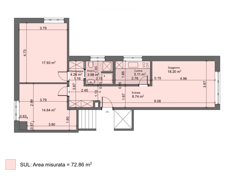 Floor plan of a 72.86 m² apartment with living room, kitchen, two bedrooms, and two bathrooms.