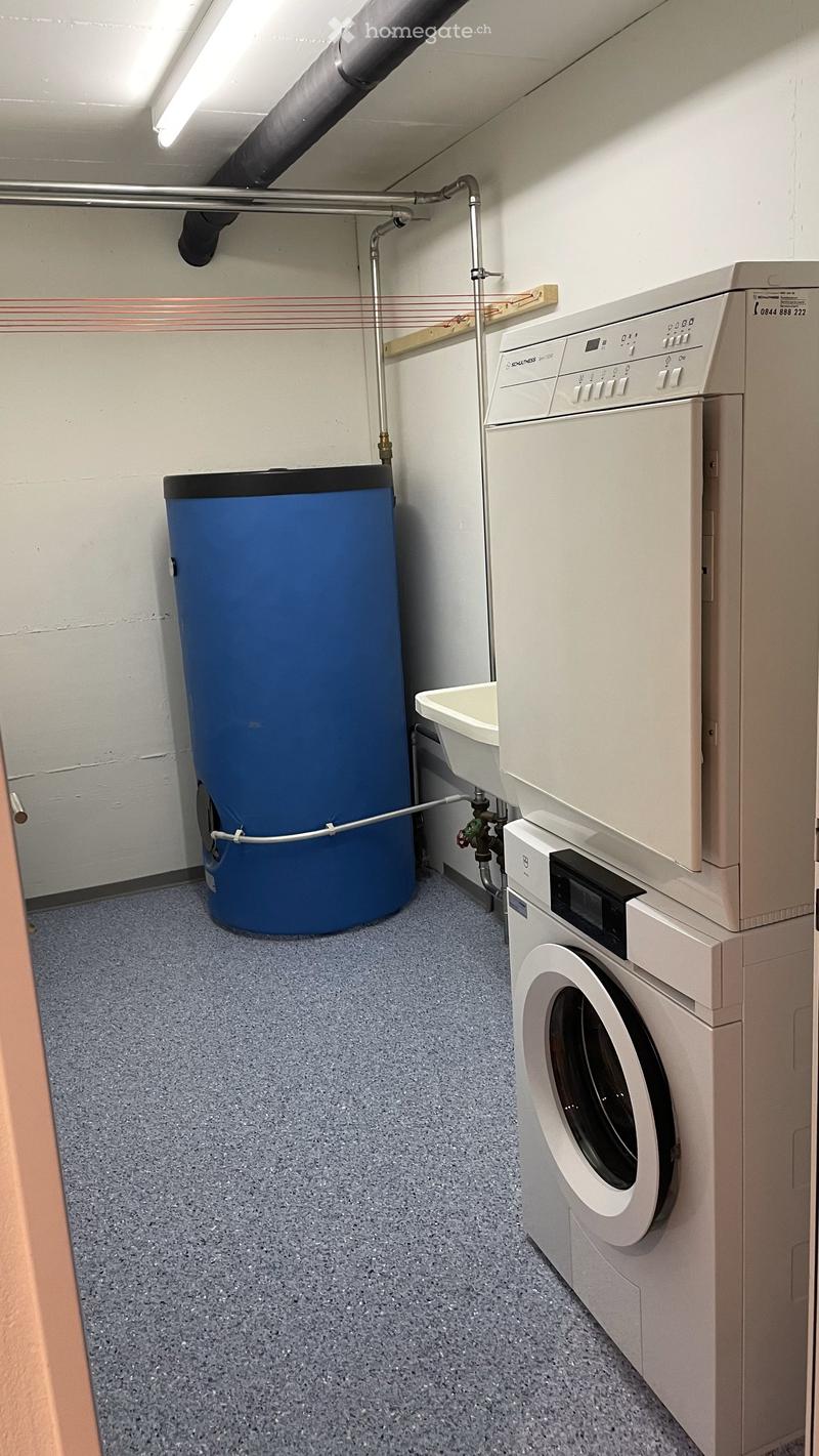 Utility room with a washing machine, dishwasher, and water tank, featuring a grey carpeted floor and white walls.