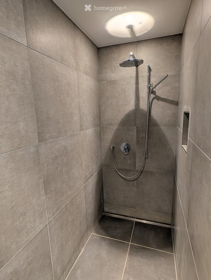 Modern shower area with grey tiled walls and floor, featuring a handheld showerhead, a fixed showerhead, and a control valve.