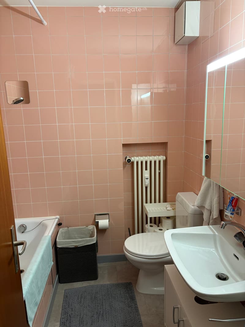 Bathroom with pink tiled walls, bathtub, toilet, sink, mirror, radiator, and a small trash bin.