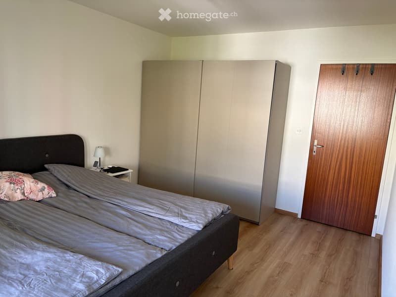 Bedroom with a double bed, nightstand, lamp, and wardrobe. The bed is made with grey bedding and a floral pillow.