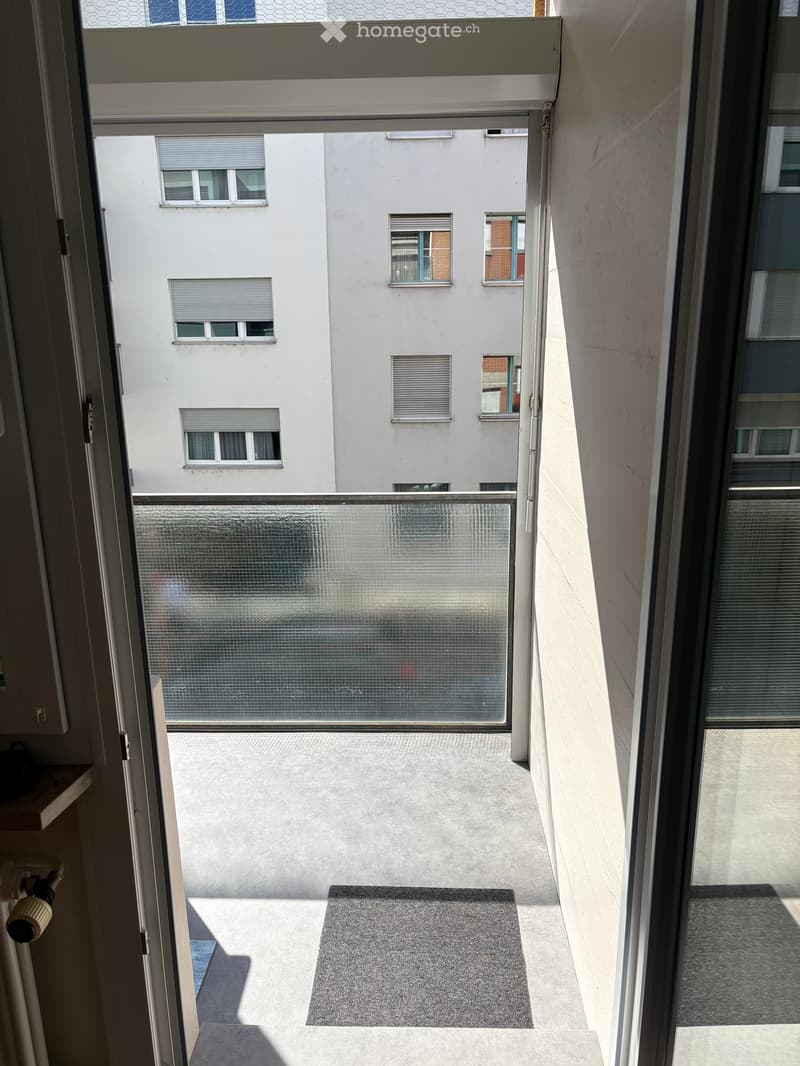 Balcony with grey carpet, metal railing, and view of neighboring building with multiple windows and shutters.