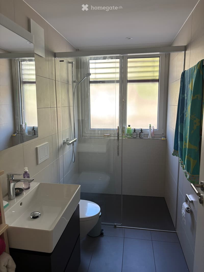 Modern bathroom with a sink, toilet, glass-enclosed shower, and various toiletries on the windowsill and counter.