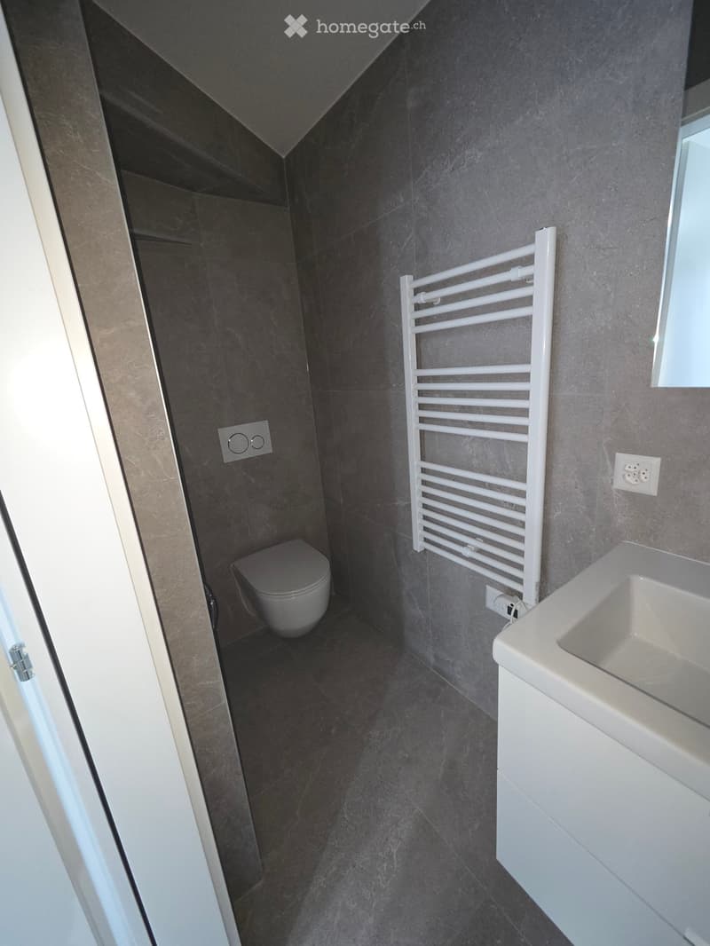 Modern bathroom with dark grey tiles, white radiator, toilet, and sink.