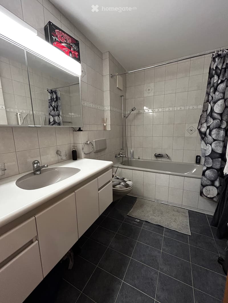 Bathroom with a sink, mirror, bathtub, toilet, and shower curtain. Features tiled walls and dark tiled flooring.