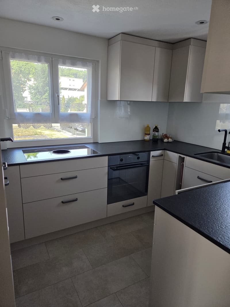 Modern kitchen with grey cabinets, black countertops, built-in oven, sink, and small items on the counter.