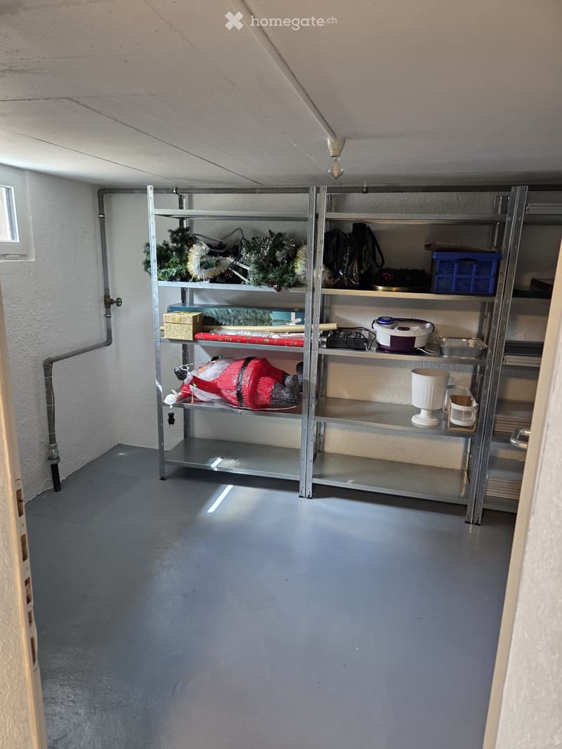 Metal shelving unit filled with holiday decorations, storage items, and miscellaneous objects. The room has a concrete floor and white walls.