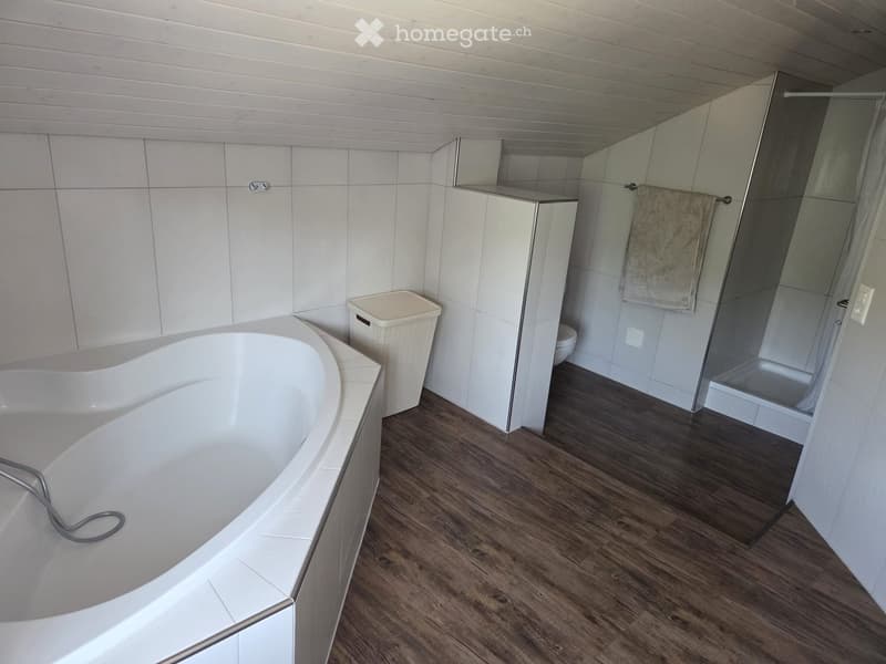 Modern bathroom with a white bathtub, white cabinet, toilet, glass shower enclosure, and a towel hanging on the side.