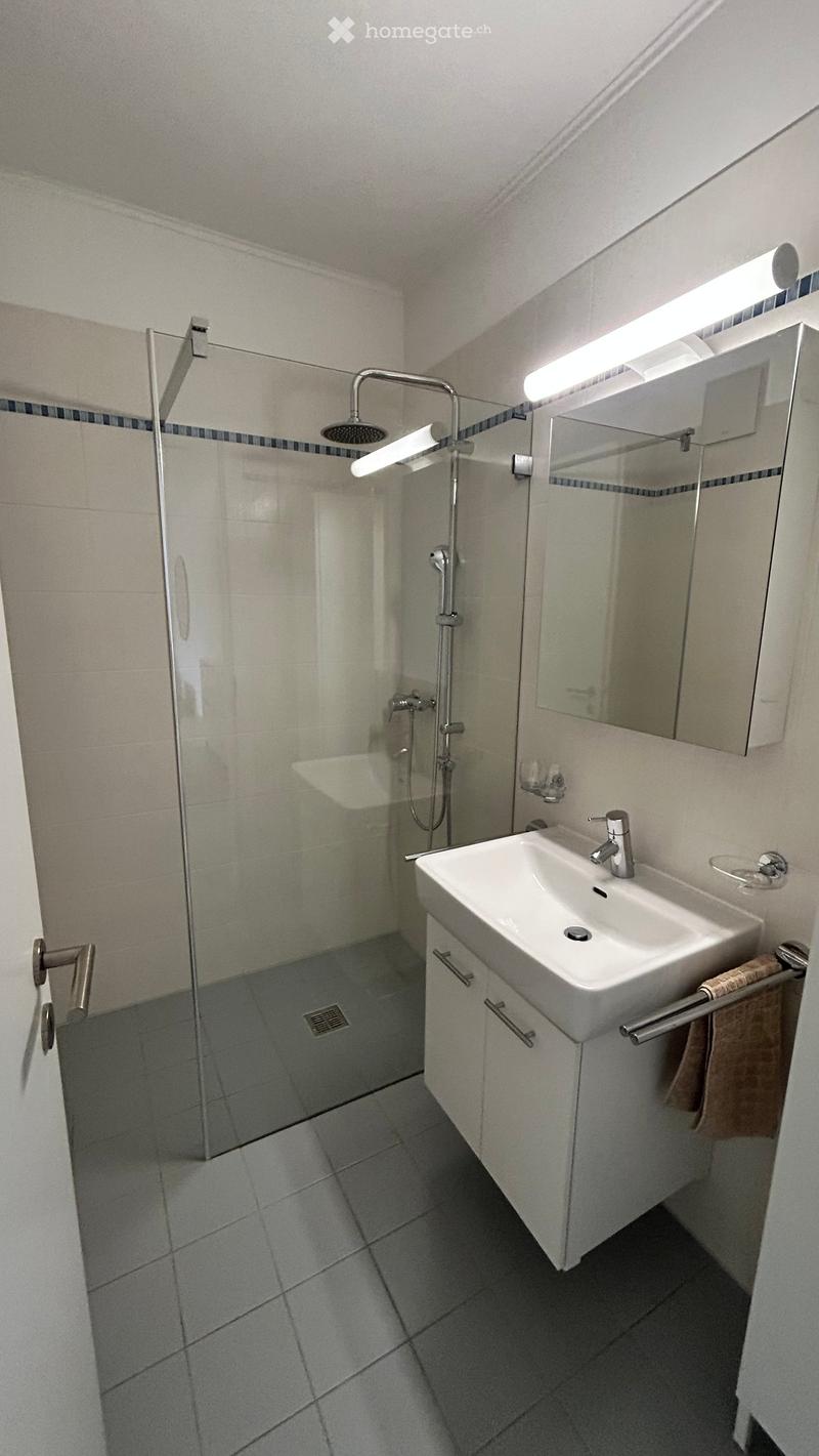 Modern bathroom with a white sink, mirror, glass-enclosed shower, and tiled floor.