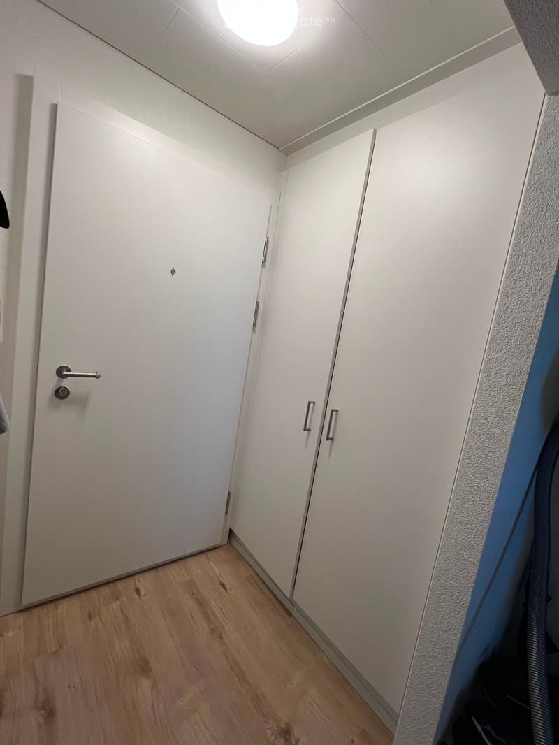 A narrow hallway with white walls, wooden flooring, and white doors with silver handles. The ceiling has a round light fixture.