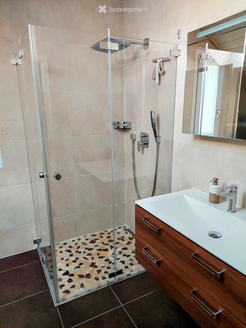 Modern bathroom with a glass-enclosed shower, mosaic tile shower floor, wooden vanity with a sink, and a large mirror above the sink.