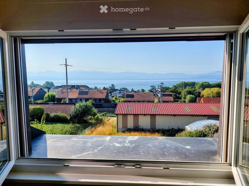 View from a balcony showing a suburban neighborhood with houses, a body of water, and distant mountains under a clear blue sky.