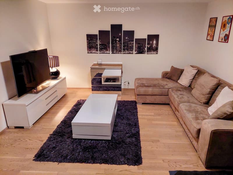 Modern living room with a large sectional sofa, coffee table, TV stand, and decorative artwork on the walls.