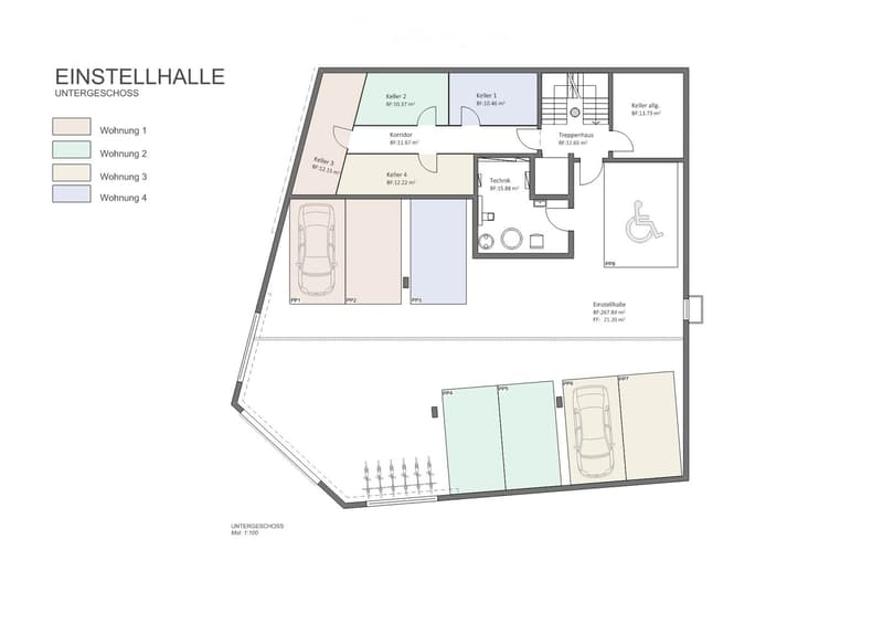 Floor plan of a basement level showing four apartments, a corridor, a staircase, a technical room, and a parking area.