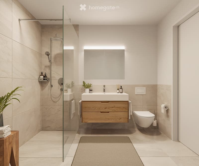 Modern bathroom with a large sink, mirror, toilet, shower, and wooden cabinet. Features include a glass shower enclosure, a towel rack, and decorative plants.