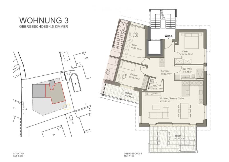 Floor plan of a 4.5-room apartment on the upper floor, including a living/dining/kitchen area, bedroom, office, hallway, bathroom, and two balconies.