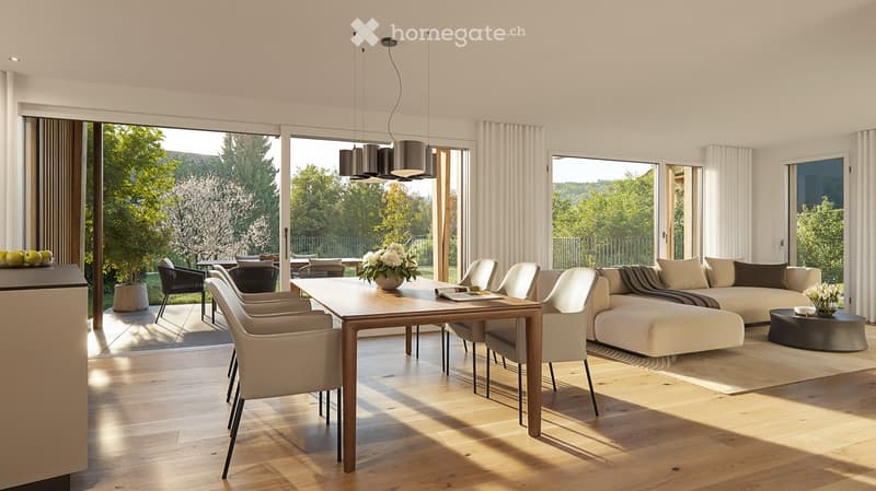Bright, modern living and dining area with large windows and a view of a garden. Features a light-colored sofa, coffee table, dining table with chairs, and decorative vases.