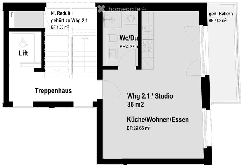Floor plan showing a studio apartment with a combined kitchen/living/dining area, a separate bathroom, and a small balcony.