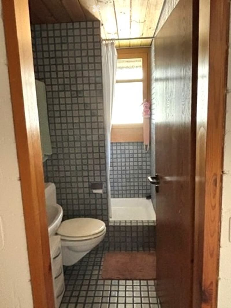 A small bathroom with dark tiled walls and floor, a toilet, a shower stall, a cabinet, and a mirror. The room has wooden paneling and a window with a curtain.