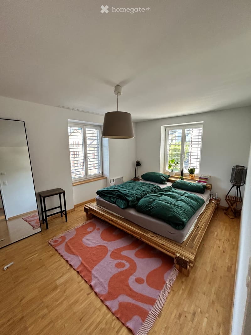 Bright bedroom with wooden flooring, a raised platform bed with green bedding, a colorful rug, a mirror, a small stool, and potted plants on the windowsill.