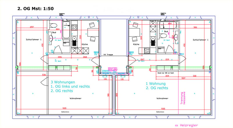 Floor plan of a multi-unit residential building showing three apartments on the second floor, including bedrooms, bathrooms, kitchens, and living spaces.