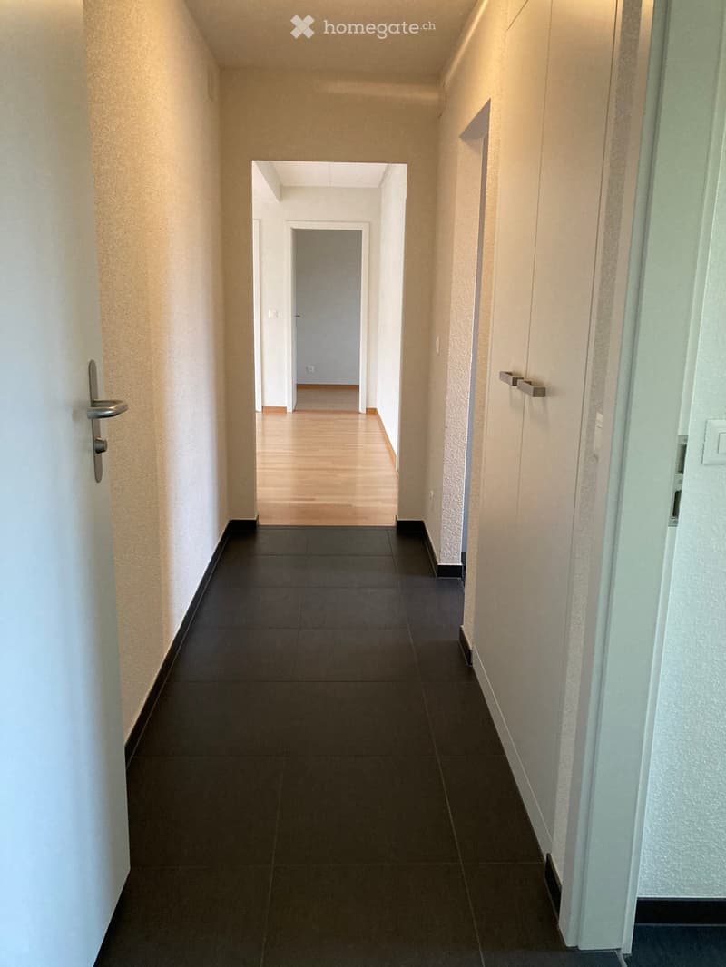 Empty hallway with light-colored walls, dark tiled floor, and wooden flooring in the adjacent area. Doors visible on both sides.