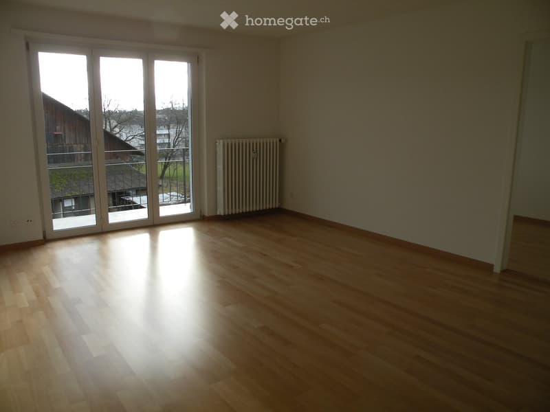 Empty room with wooden flooring, large sliding glass doors leading to a balcony, and a radiator on the wall.