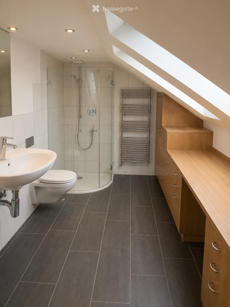 Modern bathroom with dark tiled floor, white walls, a glass-enclosed shower, a sink, a toilet, a radiator, and wooden cabinets.