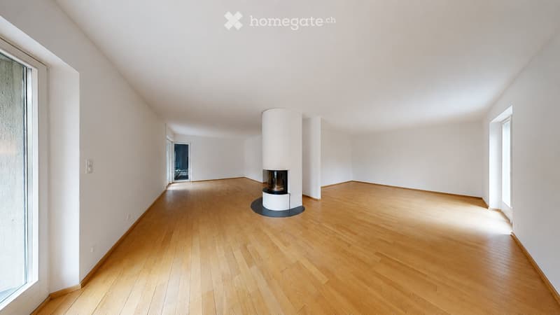 Empty room with light wooden flooring, white walls, and a central white fireplace structure.